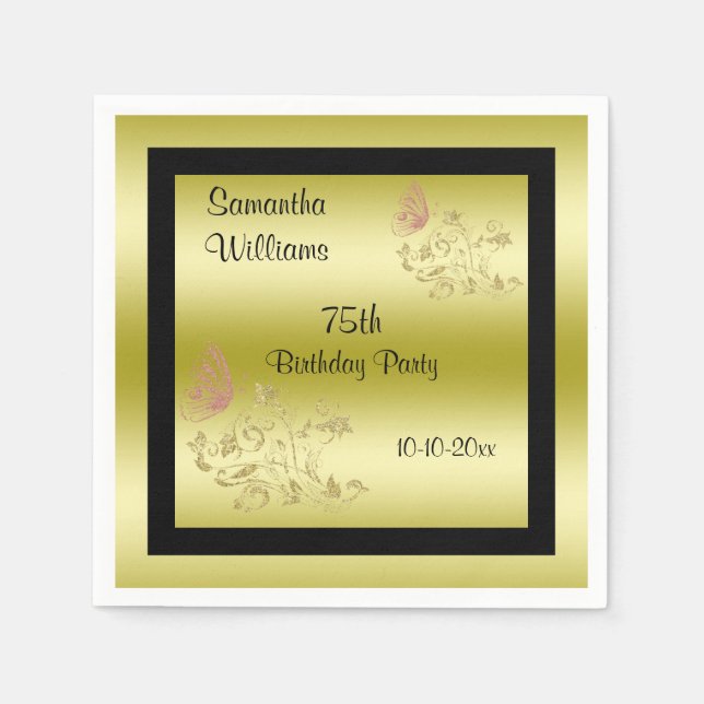 Guardanapo De Papel Ouros com brilho e borboleta cintilante 75.º anive (Frente)