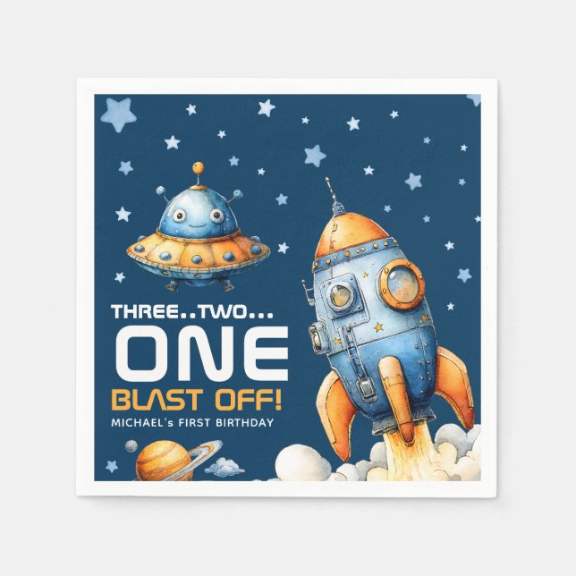 Guardanapo De Papel Outer Space Rocket Launch Blast Off 1st Birthday (Frente)