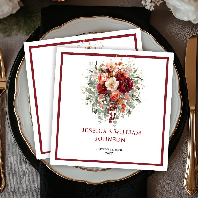 Guardanapo De Papel Outono Boêmio Borgonha Flores Verde Casamento (Autumn Bohemian Burgundy Flowers Greenery Wedding Napkins

)