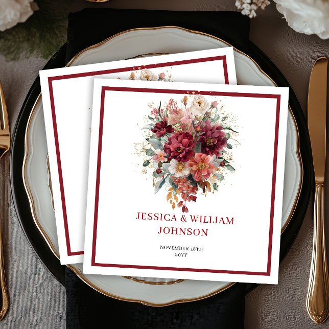 Guardanapo De Papel Outono Boho Flores Burgundy Marsala Verde Casament (Fall Boho Burgundy Flowers Marsala Greenery Wedding Napkins

)