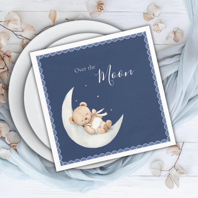 Guardanapo De Papel Over the Moon Bear Navy Blue Baby Shower (Criador carregado)