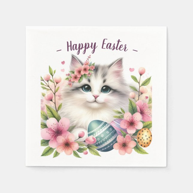 Guardanapo De Papel Ovos e Flores de Gato de páscoa - (Frente)