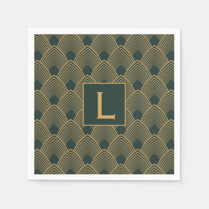 Guardanapo De Papel Padrão Art Déco em Dourado e Verde Esmeralda com M