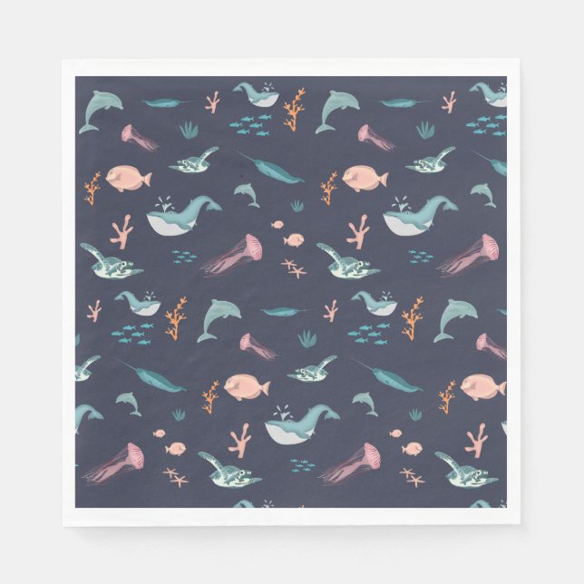 Guardanapo De Papel Padrão Azul de Animais do Mar do Oceano de Aquarel (Frente)