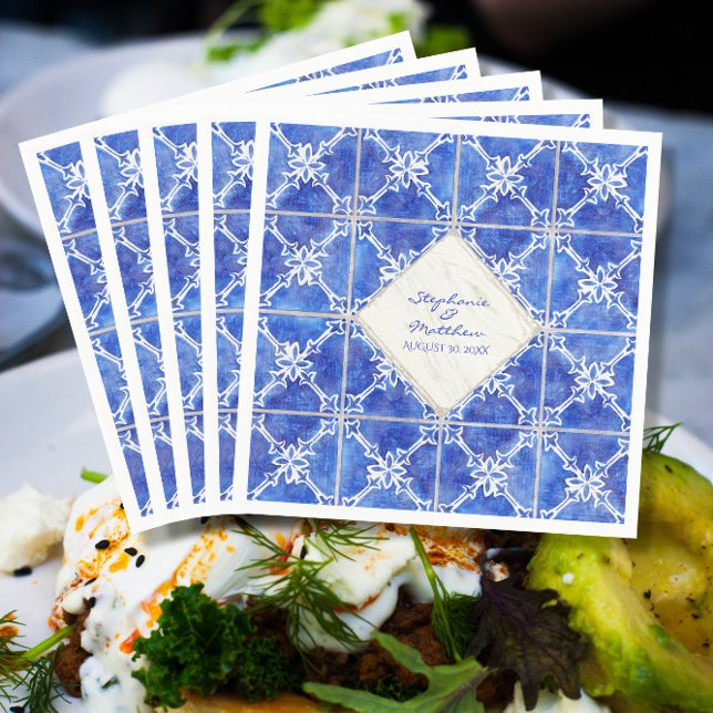 Guardanapo De Papel Padrão Branco Azul Padrão de Azulejo Casamento Cla (Criador carregado)