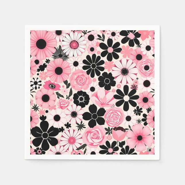 Guardanapo De Papel Padrão das flores botânicas retrógradas e pretas (Frente)