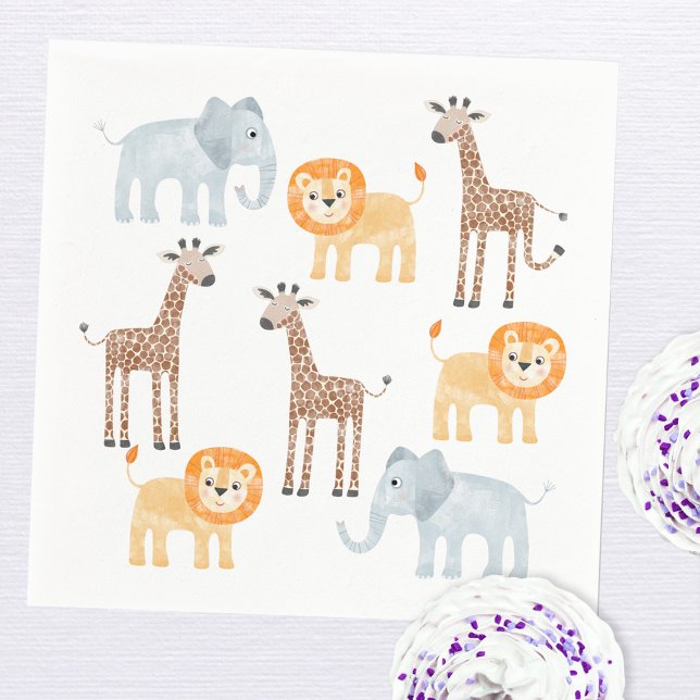 Guardanapo De Papel Padrão de Aquarela de Animais Safari Cute (Cute watercolor safari animal pattern paper party napkins)