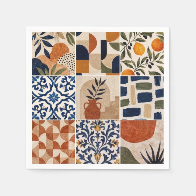Guardanapo De Papel Padrão de Azulejo Boho Mediterrâneo (Frente)
