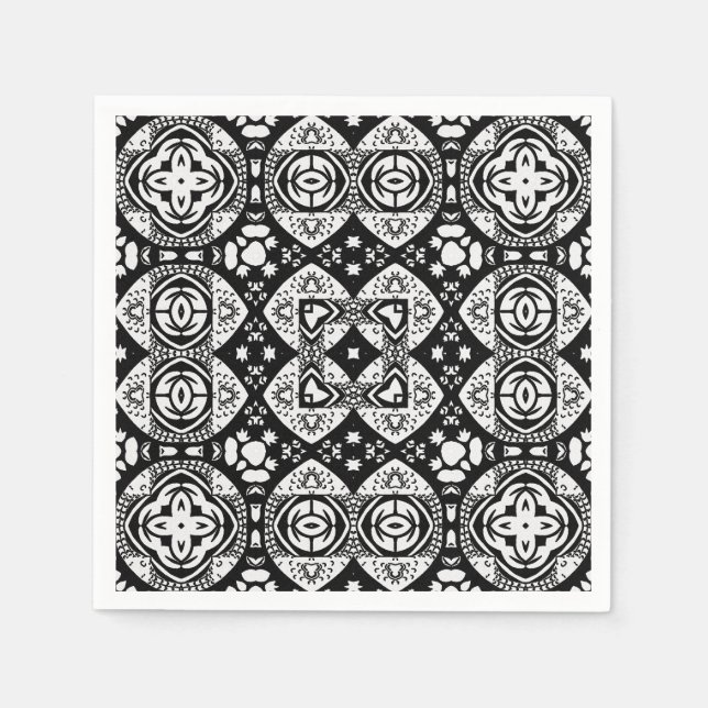 Guardanapo De Papel Padrão de Azulejo da Mesquita Árabe Preto e Branco (Frente)