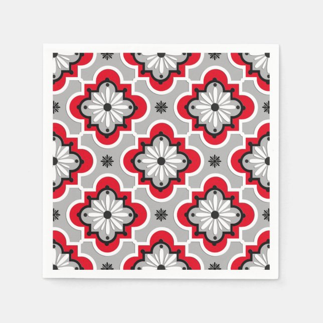 Guardanapo De Papel Padrão de azulejo marroquino - Cinzas e vermelho (Frente)