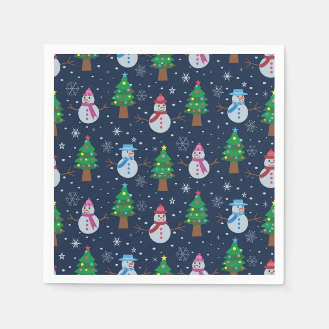Guardanapo De Papel Padrão de boneco de neve fofo com árvores de Natal (Frente)