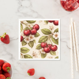 Guardanapo De Papel Padrão de Cerejeira Vintage com Cerejas Vermelhas