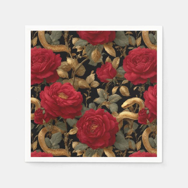 Guardanapo De Papel Padrão de Cobras Rosa vermelha e Ouro (Frente)