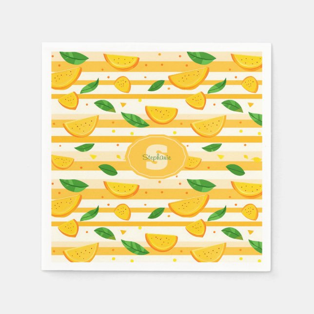 Guardanapo De Papel Padrão de Fatia Laranja com Folhas Verdes (Frente)