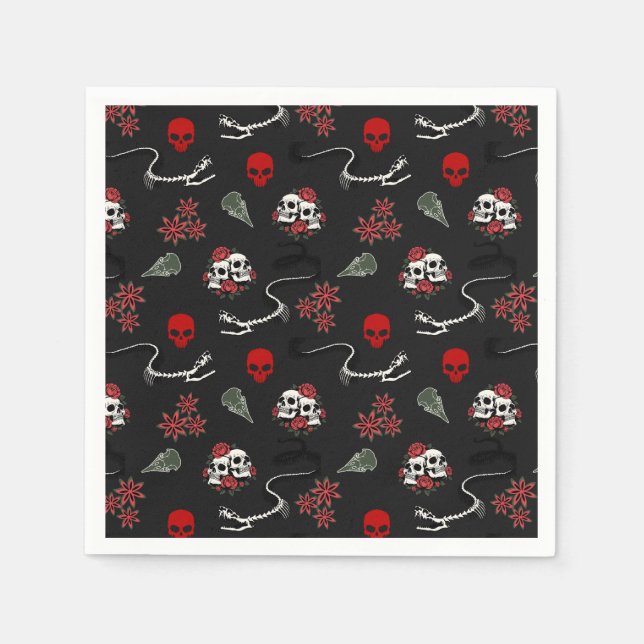 Guardanapo De Papel Padrão de Halloween de Caveiras e Rosas Góticas (Frente)
