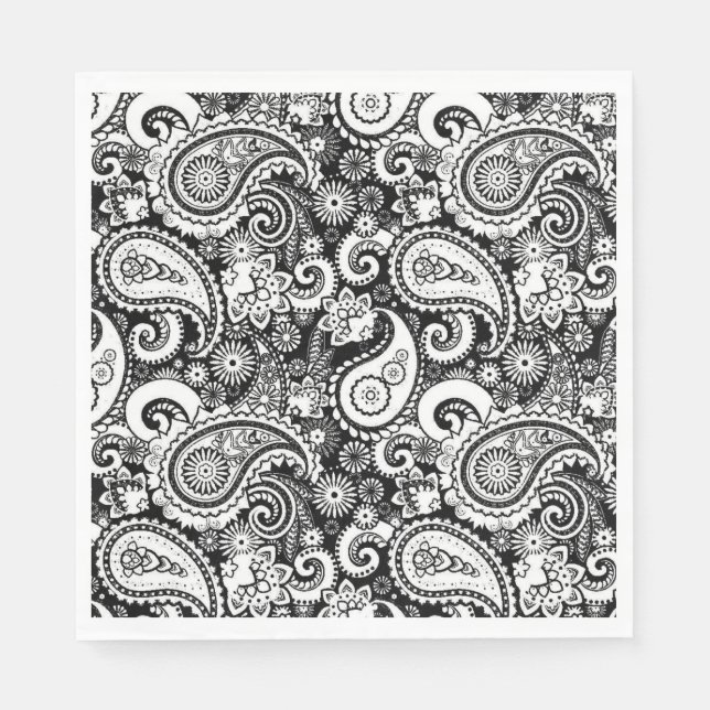 Guardanapo De Papel Padrão de Paisley Preto e Branco (Frente)