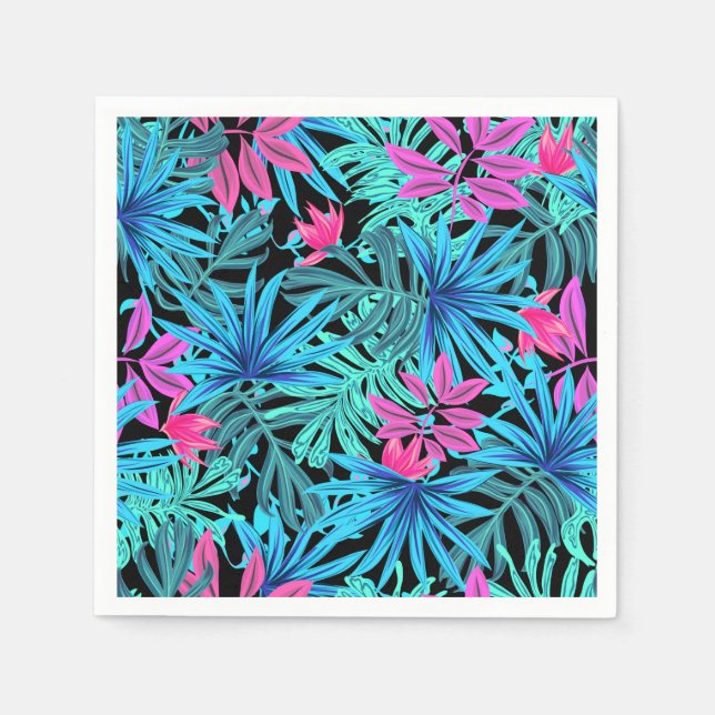 Guardanapo De Papel Padrão de planta tropical rosa e azul neon (Frente)