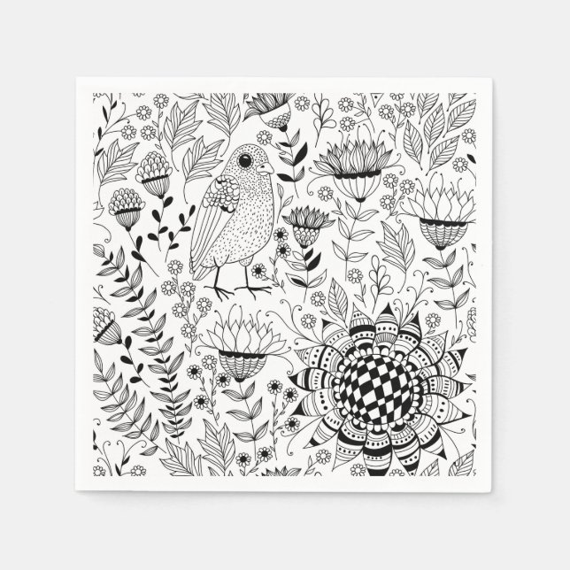 Guardanapo De Papel Padrão de rabisco de aves e flores (Frente)