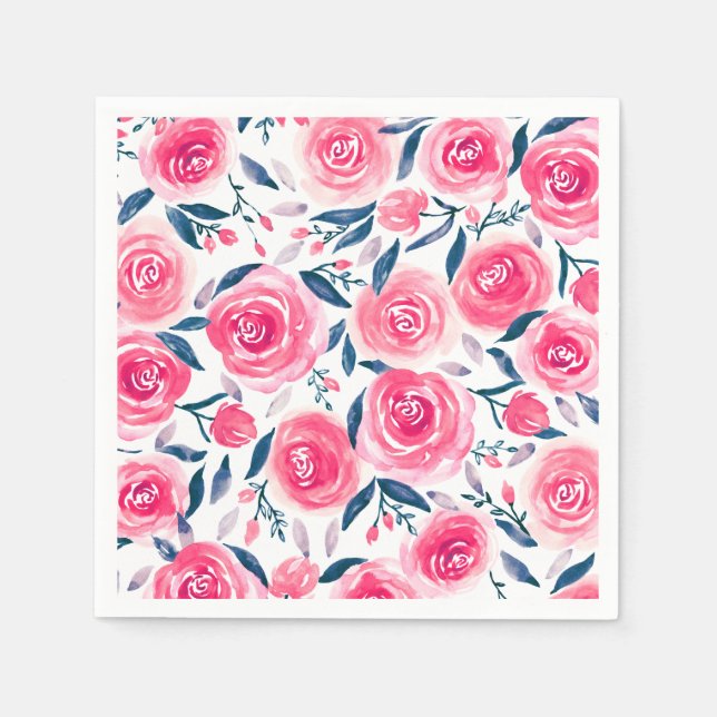 Guardanapo De Papel Padrão de Rosas de Aquarela Floral Rosa (Frente)