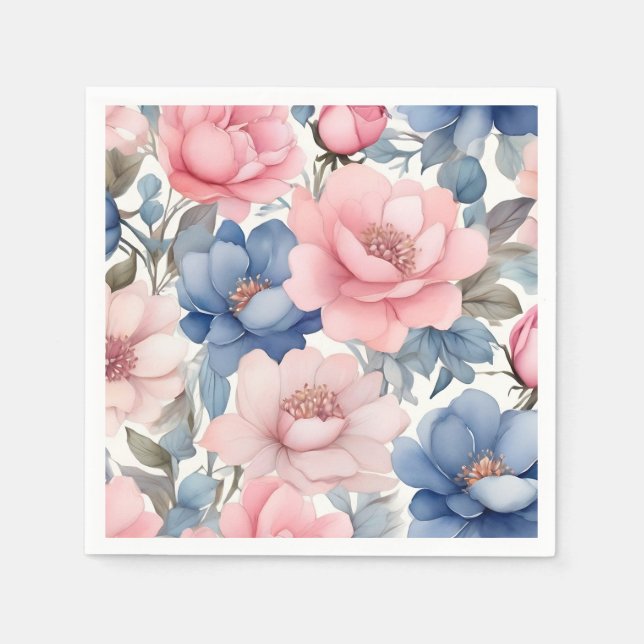 Guardanapo De Papel Padrão Delicado De Flores Azuis E Rosa (Frente)