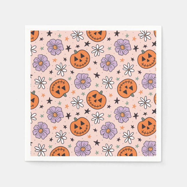 Guardanapo De Papel Padrão Diversão de Abóboras e Flores do Halloween (Frente)