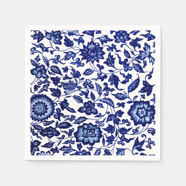Guardanapo De Papel Padrão floral azul-marinho chinês em branco (Frente)