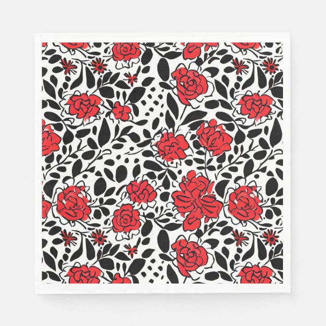 Guardanapo De Papel Padrão Floral bonito em Vermelho, Preto e Branco (Frente)