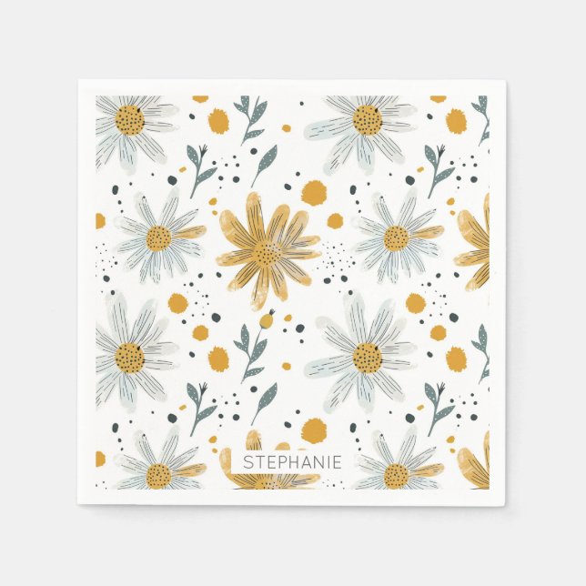 Guardanapo De Papel Padrão Floral Branco e Amarelo (Frente)