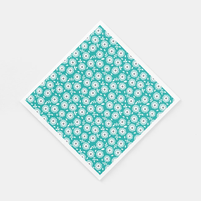 Guardanapo De Papel Padrão floral branco em fundo turquesa (Quina)