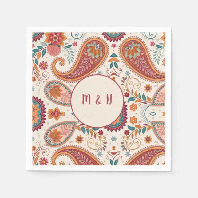 Guardanapo De Papel Padrão Floral Branco Paisley Boho Vibrante (Frente)