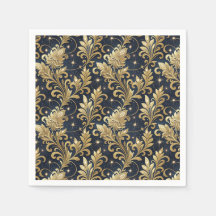 Padrão Floral de Damasco Luxuoso Dourado e Preto