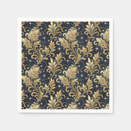 Guardanapo De Papel Padrão Floral de Damasco Luxuoso Dourado e Preto