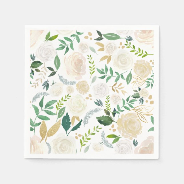 Guardanapo De Papel Padrão Floral de Marfim Desbotado com Verde Branco (Frente)