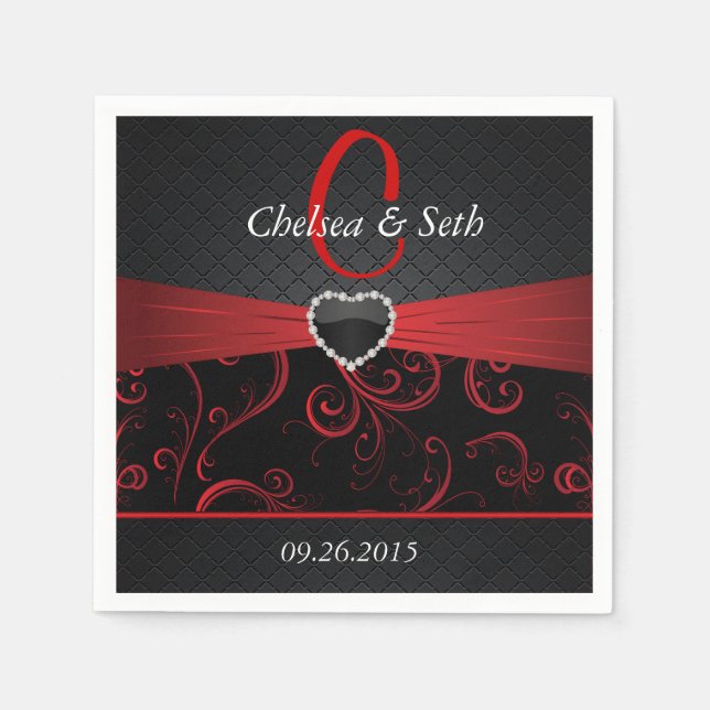 Guardanapo De Papel Padrão Floral Elegante Preto e Vermelho Profundo (Frente)