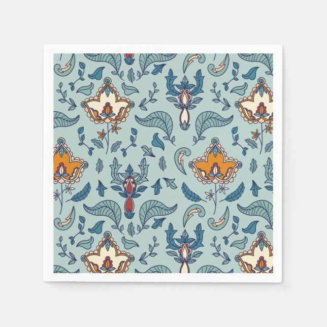 Guardanapo De Papel Padrão floral ornamentado em um fundo azul pálido (Frente)