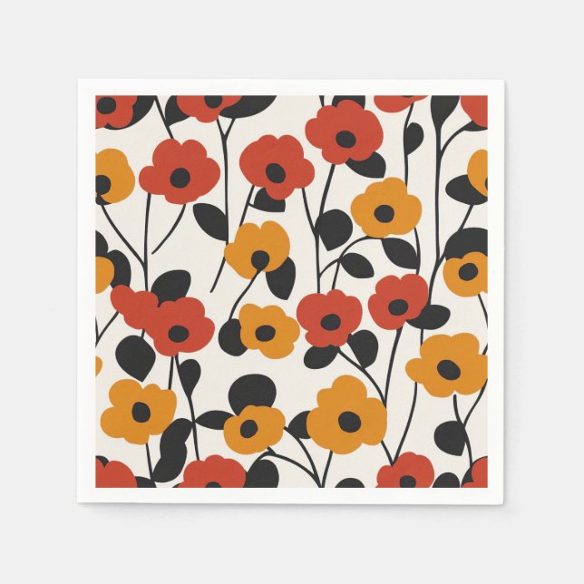 Guardanapo De Papel Padrão Floral Retroativo Negrito Vermelho, Laranja (Frente)