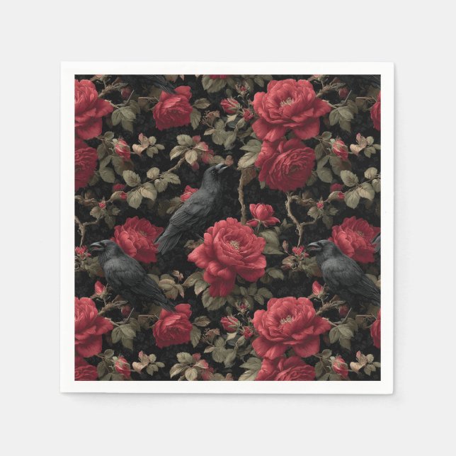 Guardanapo De Papel Padrão Gótico com Rosas vermelhas e Corvos (Frente)