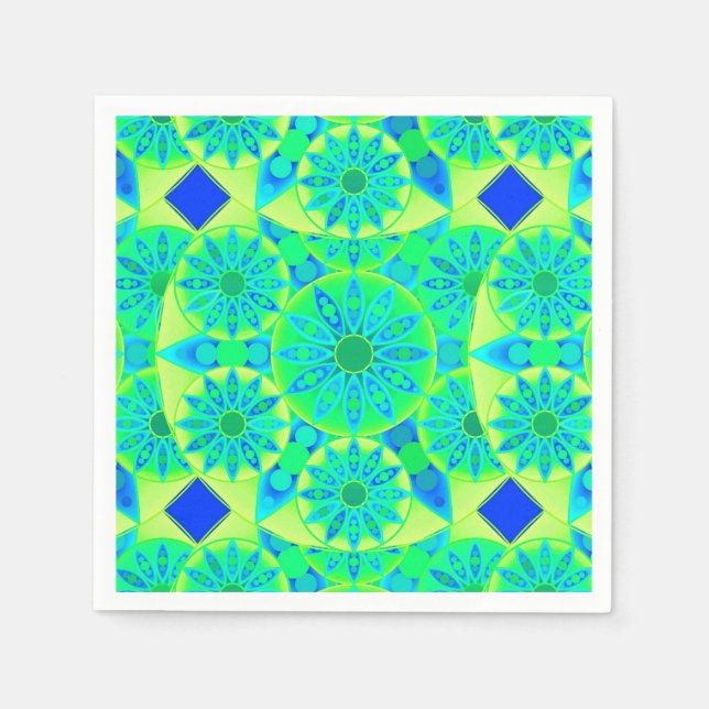 Guardanapo De Papel Padrão Mandala, turquesa, azul, verde limão (Frente)
