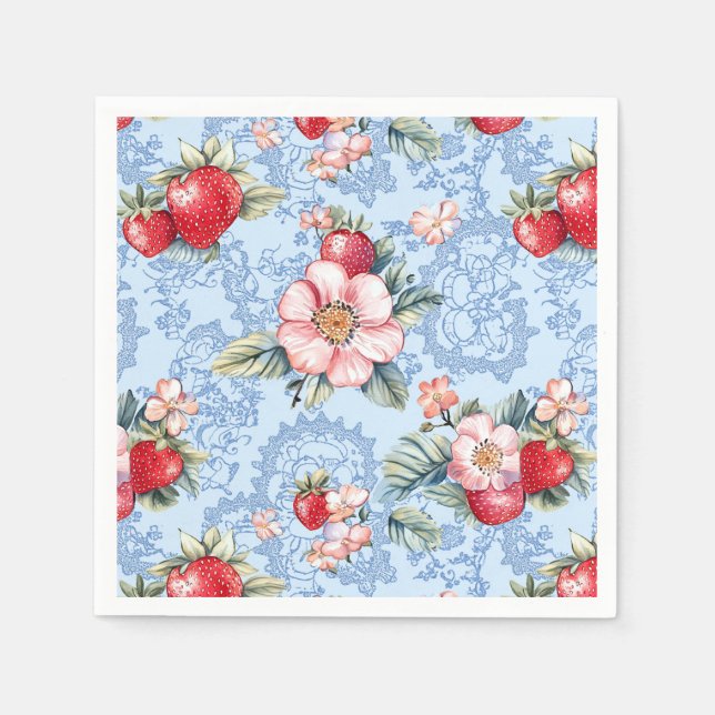 Guardanapo De Papel Padrão Vintage Strawberry & Flowers (Frente)