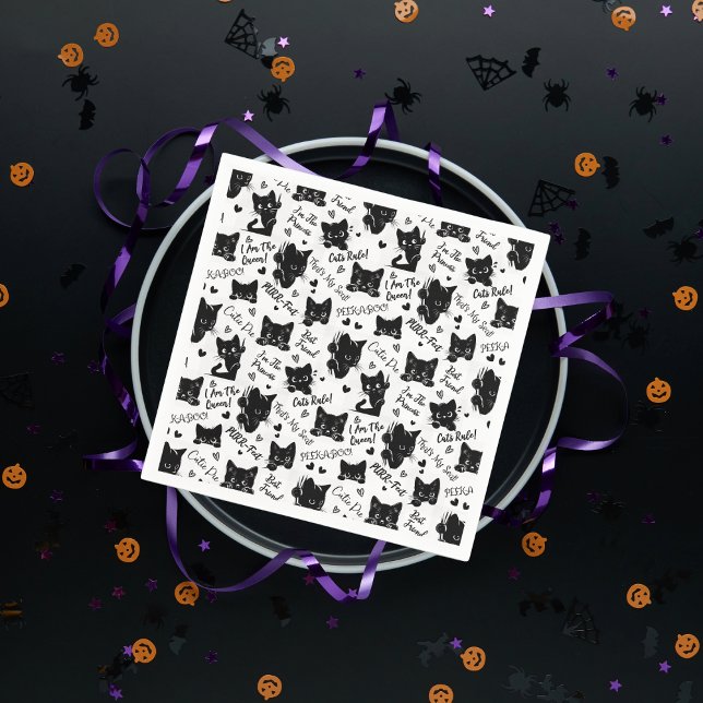 Guardanapo De Papel Padrões de Gatos Pretos e Ditos (Cute Black Cats and Sayings with Hearts Pattern  for Cat Lovers and Halloween Paper Napkins)