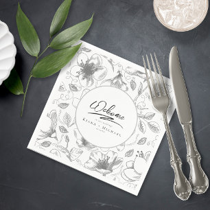 Guardanapo De Papel Padrões Florais de Casamento de Caligrafia B&W ID9