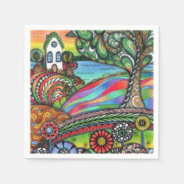 Guardanapo De Papel Paisagem Caprichosa do Arco-íris Zentangle Casa de