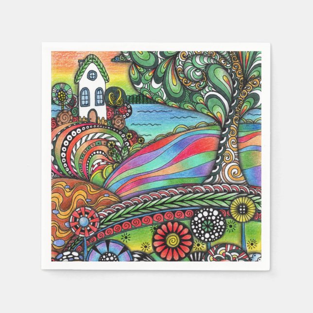 Guardanapo De Papel Paisagem Caprichosa do Arco-íris Zentangle Casa de (Frente)