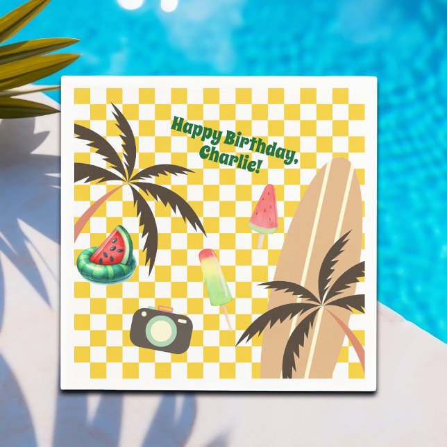 Guardanapo De Papel Palm Tres Surfboard Checkered Summer Party (Criador carregado)