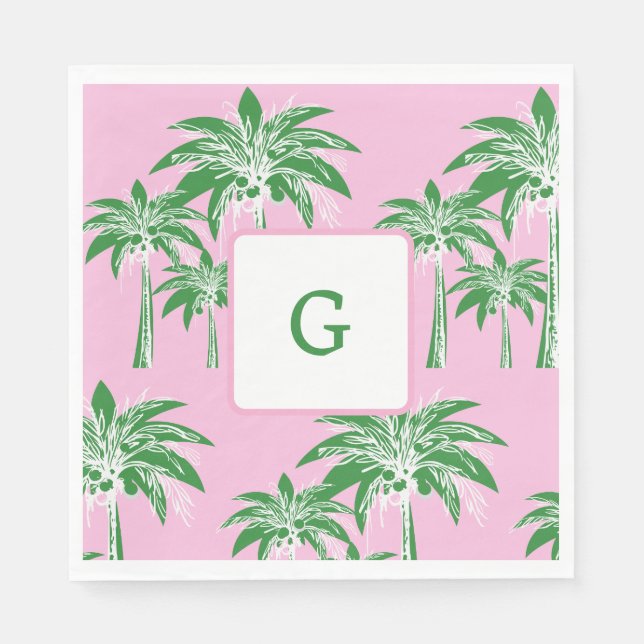 Guardanapo De Papel Palmeira verde rosa, preppy Summer Summer Monogram (Frente)