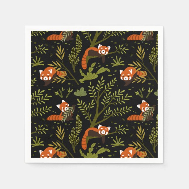 Guardanapo De Papel Pandas Vermelhos na Floresta Preta (Frente)