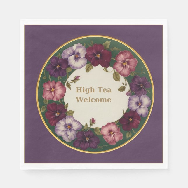 Guardanapo De Papel Pansy High Tea Napkins • Deep Plum & Gold (Frente)