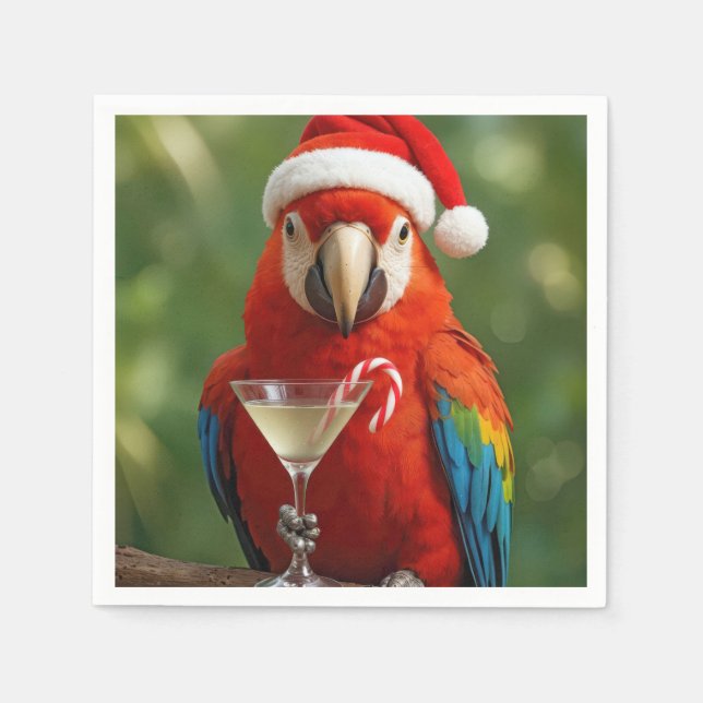 Guardanapo De Papel Papagaio de Natal segurando um coquetel (Frente)