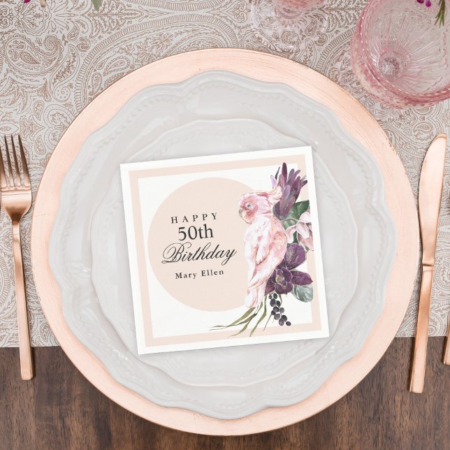 Guardanapo De Papel Papagaio Rosa Boho Botânico 50º Aniversário (Criador carregado)