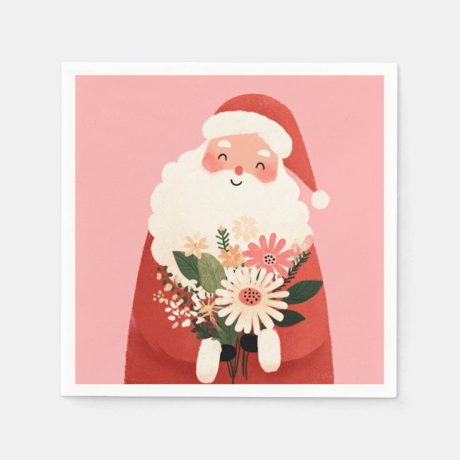 Guardanapo De Papel Papai Noel Bonito com Flores de Natal Rosa (Frente)